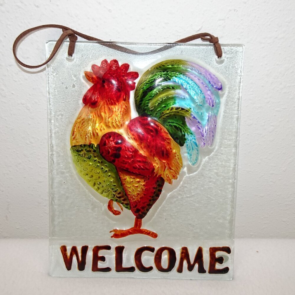 Glass WELCOME Sign Rooster Chicken Hanging Colorful